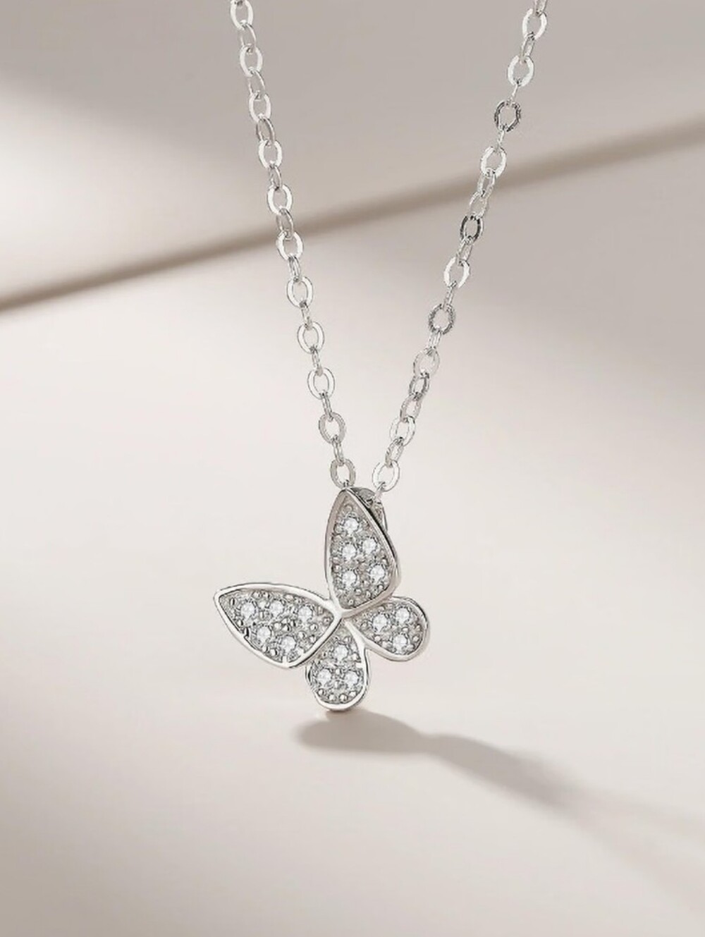 Silver Butterfly Pendant Necklace - Sparkling Crystal Accent